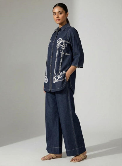 Prisha sapphire embroidery denim co-ord set
