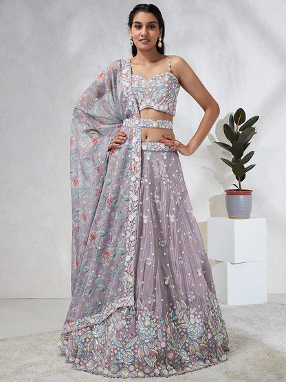 Women Mauve Chiffon Sequins and thread embroidery  Lehenga choli & Dupatta