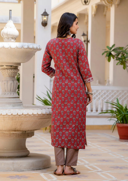 Women Viscose Red Straight Kurta And Pant Set With Dupatta