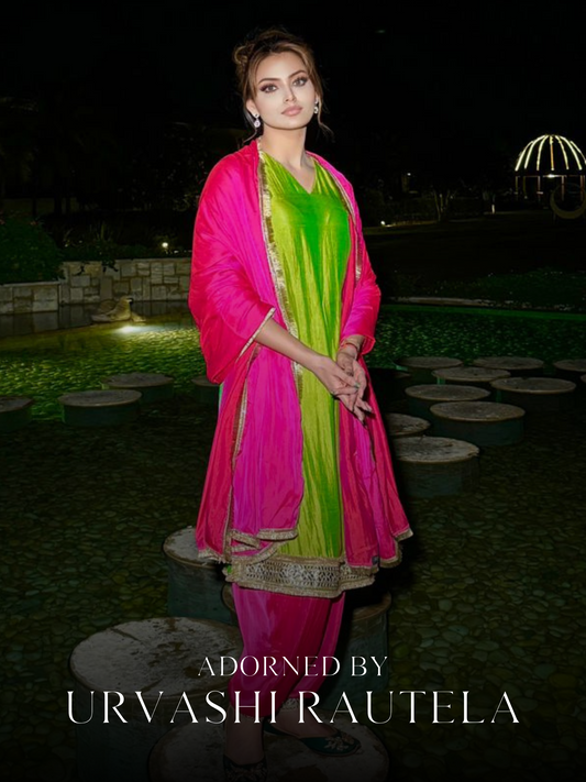 Dhiyona ST Women's Chartreuse Lemon Kurta with Fuchsia Pyjama and Laces 2 Piece Set | A-Line, V Neck, Full Sleeves, Pyjama, Festive Wear, (Satin)