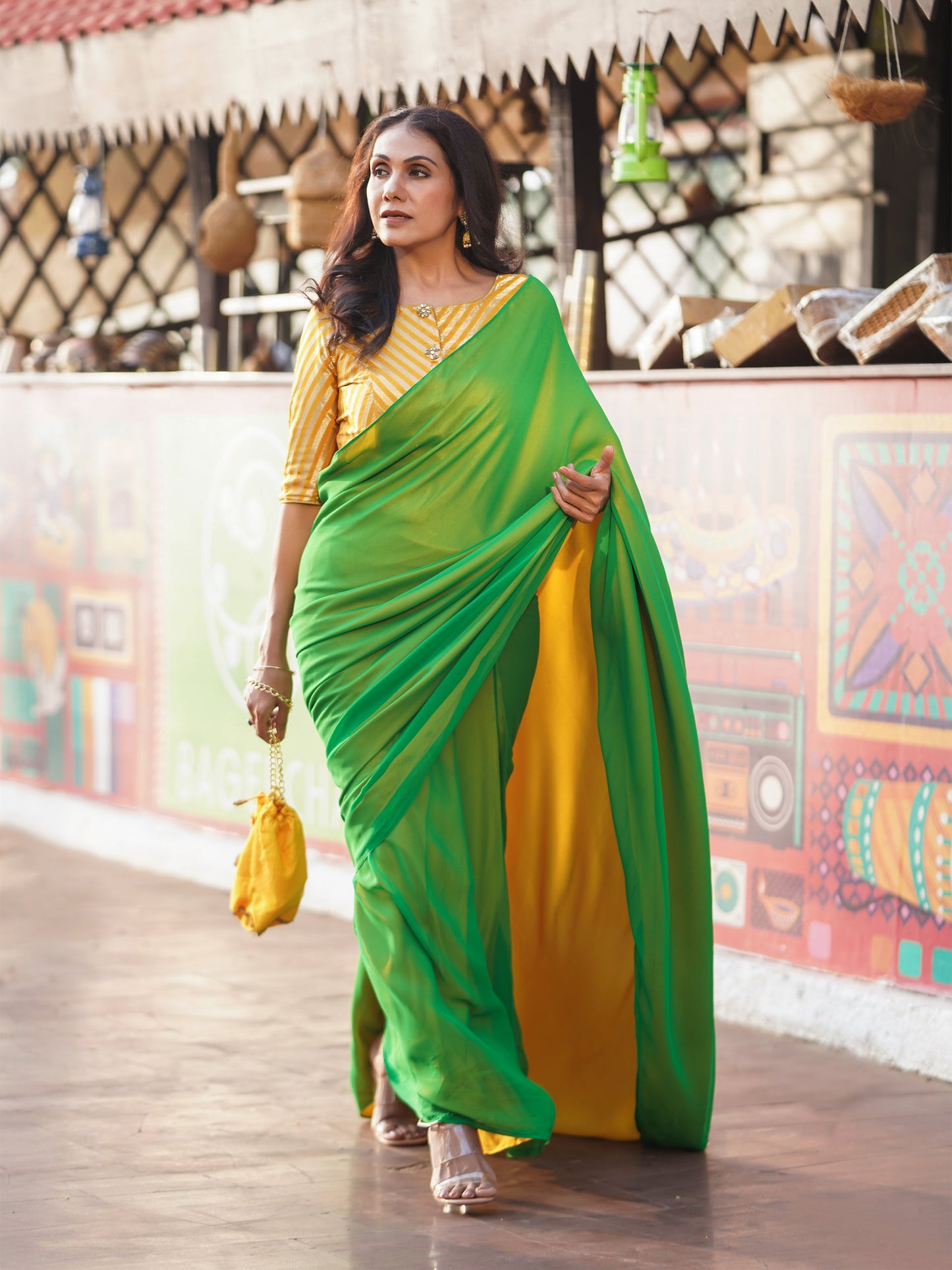 Dhiyona ST Pre-Draped 1-Minute Enchanting Green Georgette And Yellow Satin Saree with Blouse Fabric
