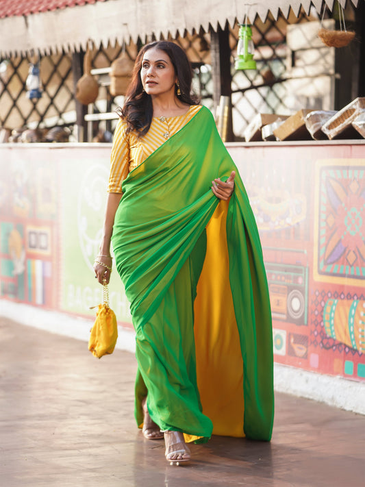 Dhiyona ST Pre-Draped 1-Minute Enchanting Green Georgette And Yellow Satin Saree with Blouse Fabric
