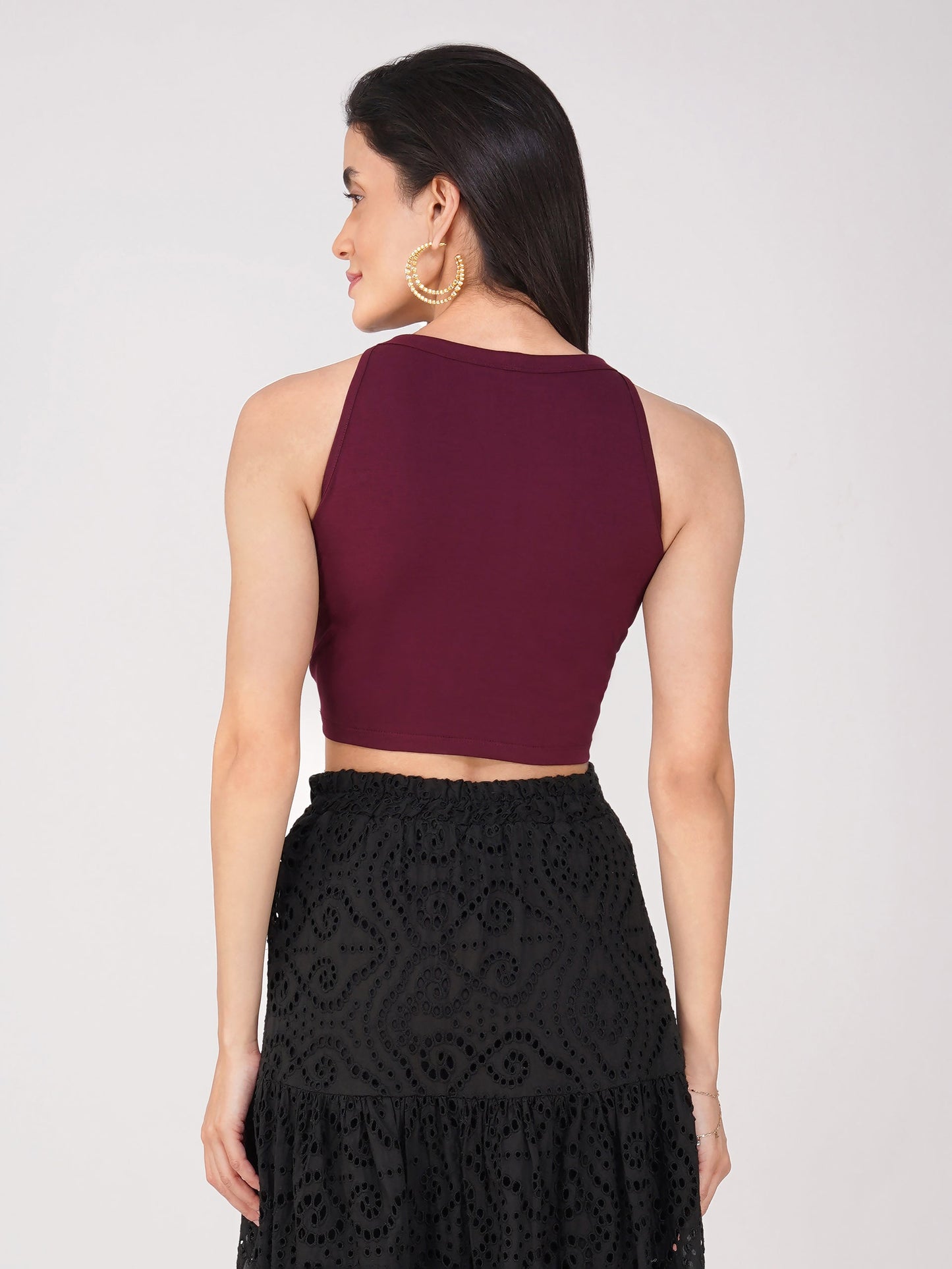 Dhiyona ST Women's Stretchy Knitted Halter Neck Wine Crop Top