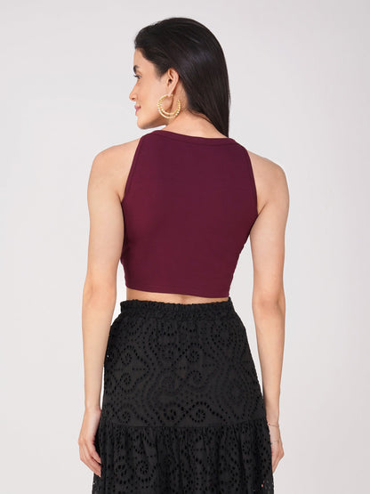 Dhiyona ST Women's Stretchy Knitted Halter Neck Wine Crop Top