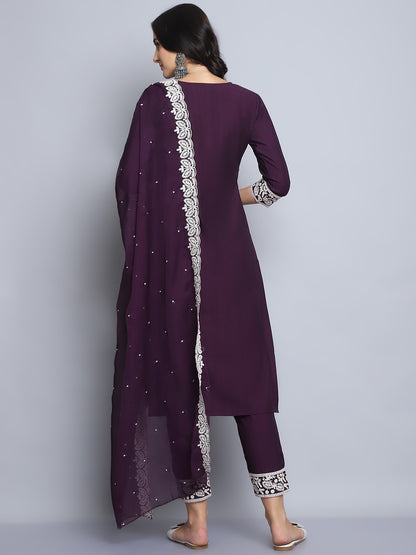 Women's Wine Embroidery  silk  Kurta, Pant And Dupatta Set