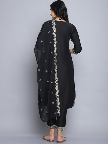 Women Black Embroidery silk Kurta And Pant Set With Dupatta