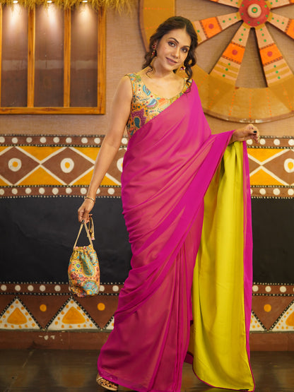 Dhiyona ST Pre-Draped 1-Minute Fuchsia Georgette with Neon Yellow Crepe Saree with Pearl Pendants and Blouse Fabric
