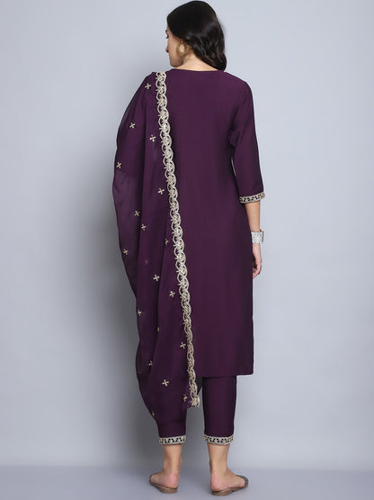 Women Wine Embroidery silk Kurta And Pant Set With Dupatta