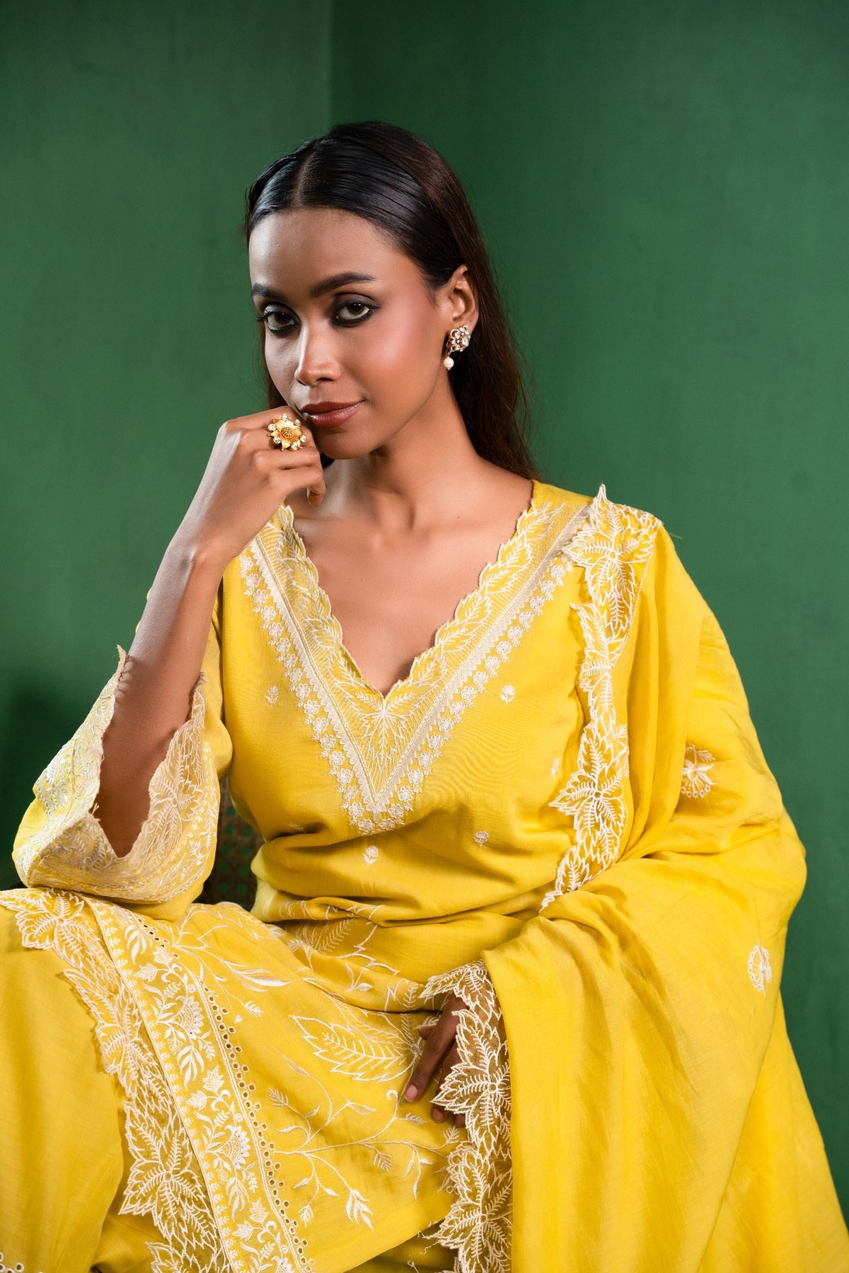 Ruh Mul Chanderi Embroidered Yellow  Suit Set