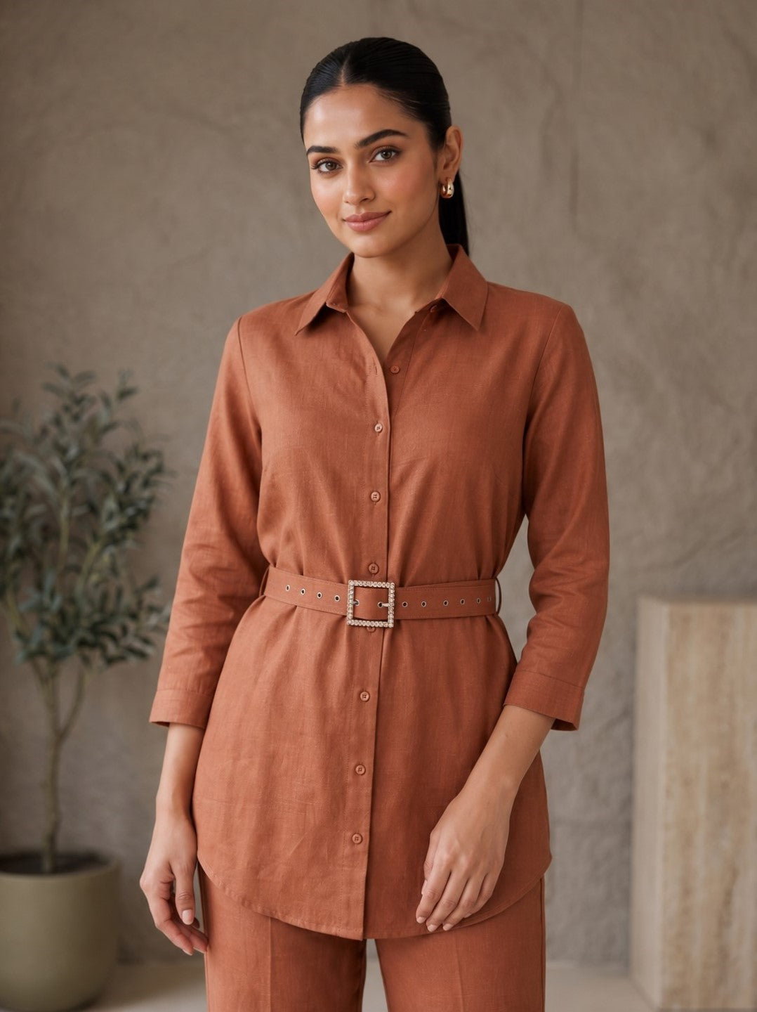 Prisha cadmium cotton co-ord set with belt