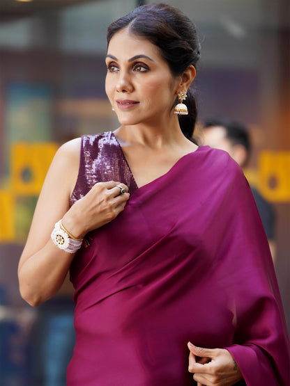 Dhiyona ST Pre-Draped 1-Minute Wine Satin Saree With Self Fabric Blouse