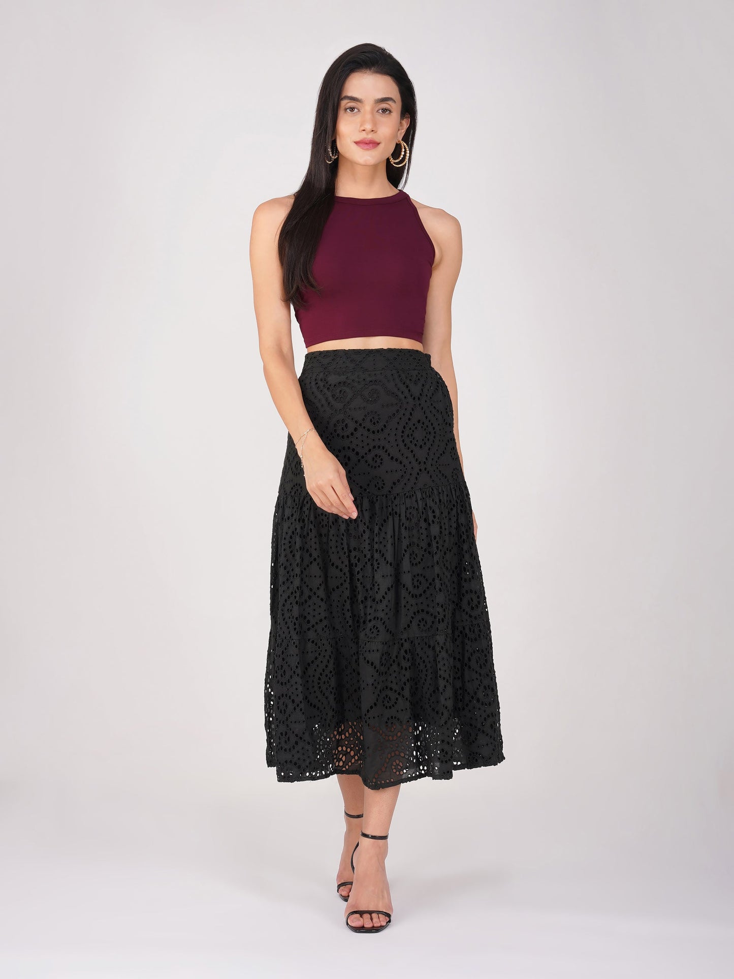 Dhiyona ST Women's Stretchy Knitted Halter Neck Wine Crop Top