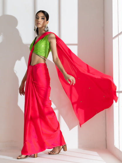 Dhiyona ST Hot Pink Satin Saree with Rainbow Beads and Green Sequin Blouse Fabric