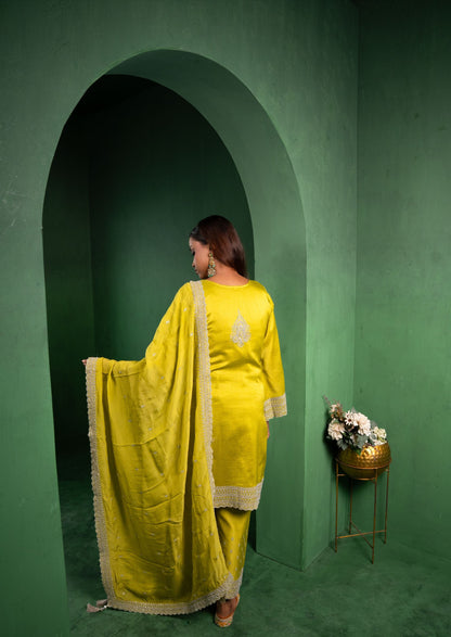 Ehsaas Silk Chanderi Embroidered Lime Green  Suit Set