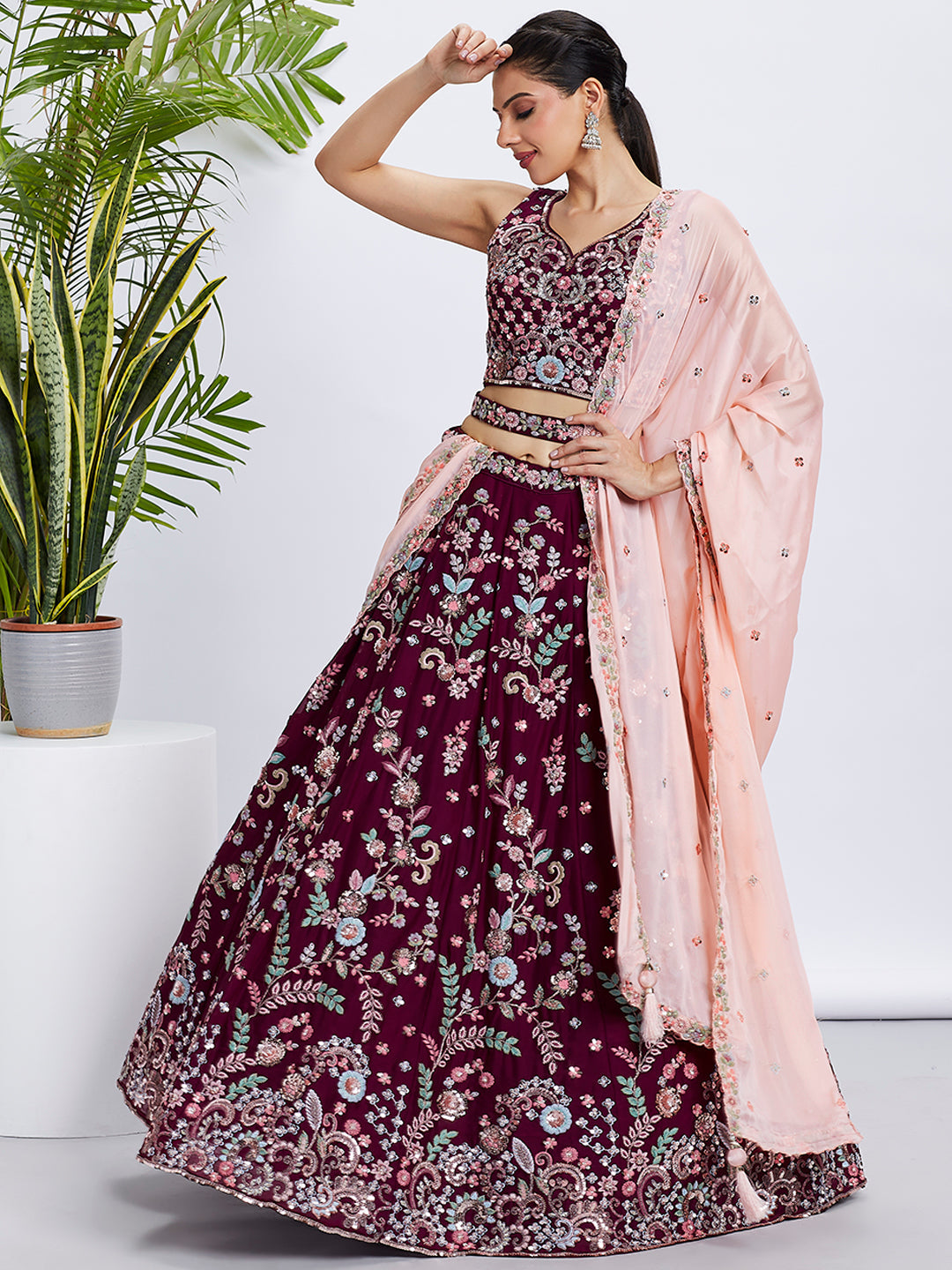 Women Burgundy Pure Georgette Sequins and thread embroidery  Lehenga choli & Dupatta