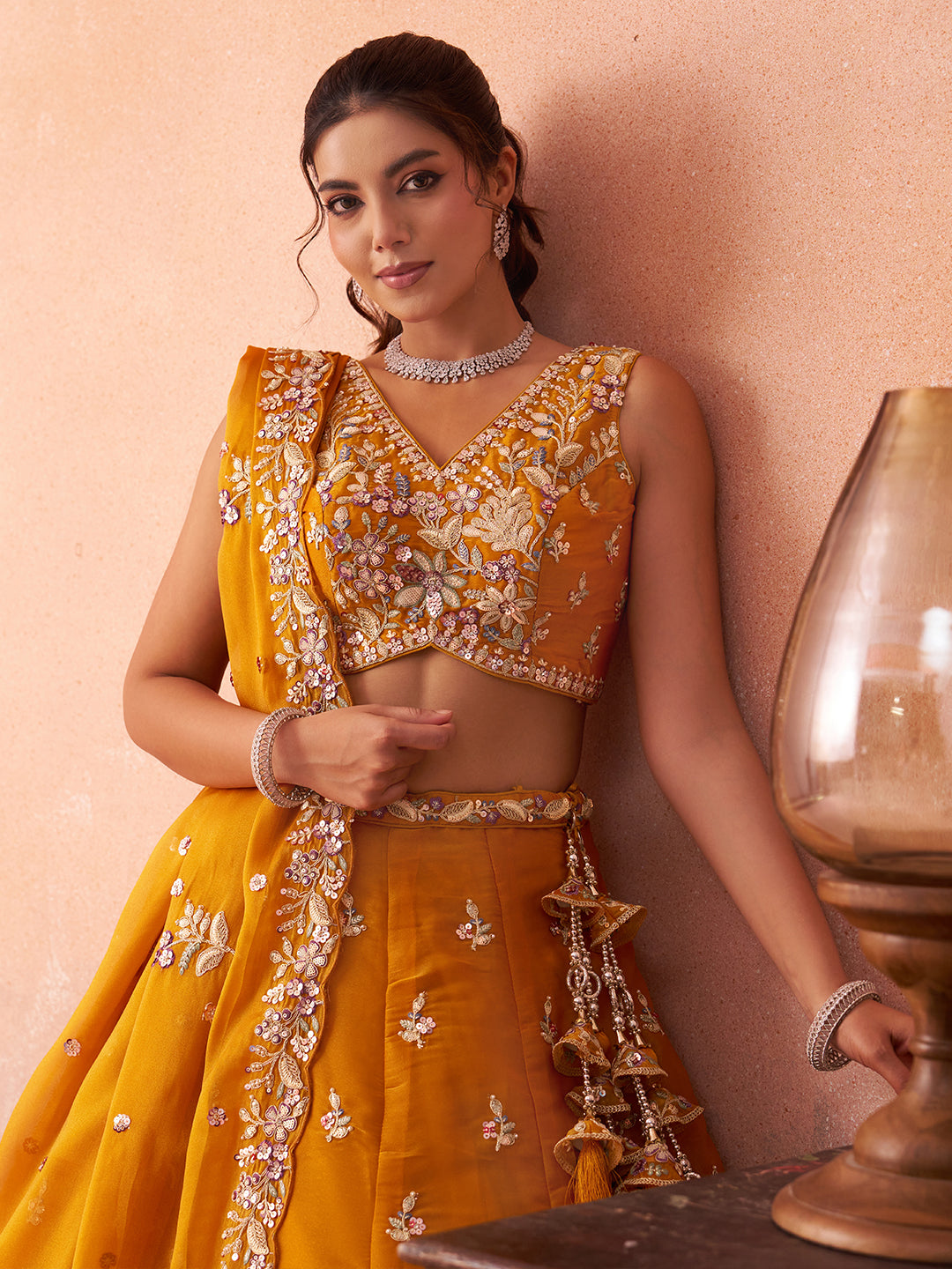 Mustard- Tissue Sequinned with Zari Embroidered Semi-Stitched Lehenga & Unstitched Blouse With Dupatta