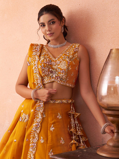 Mustard- Tissue Sequinned with Zari Embroidered Semi-Stitched Lehenga & Unstitched Blouse With Dupatta