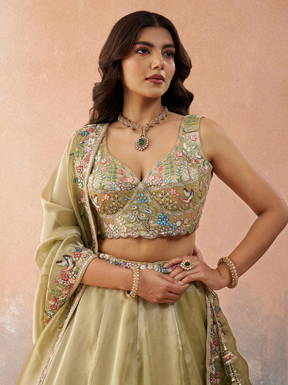 Beige- Tissue Sequinned with Zarkan Embroidered Semi-Stitched Lehenga & Unstitched Blouse With Dupatta