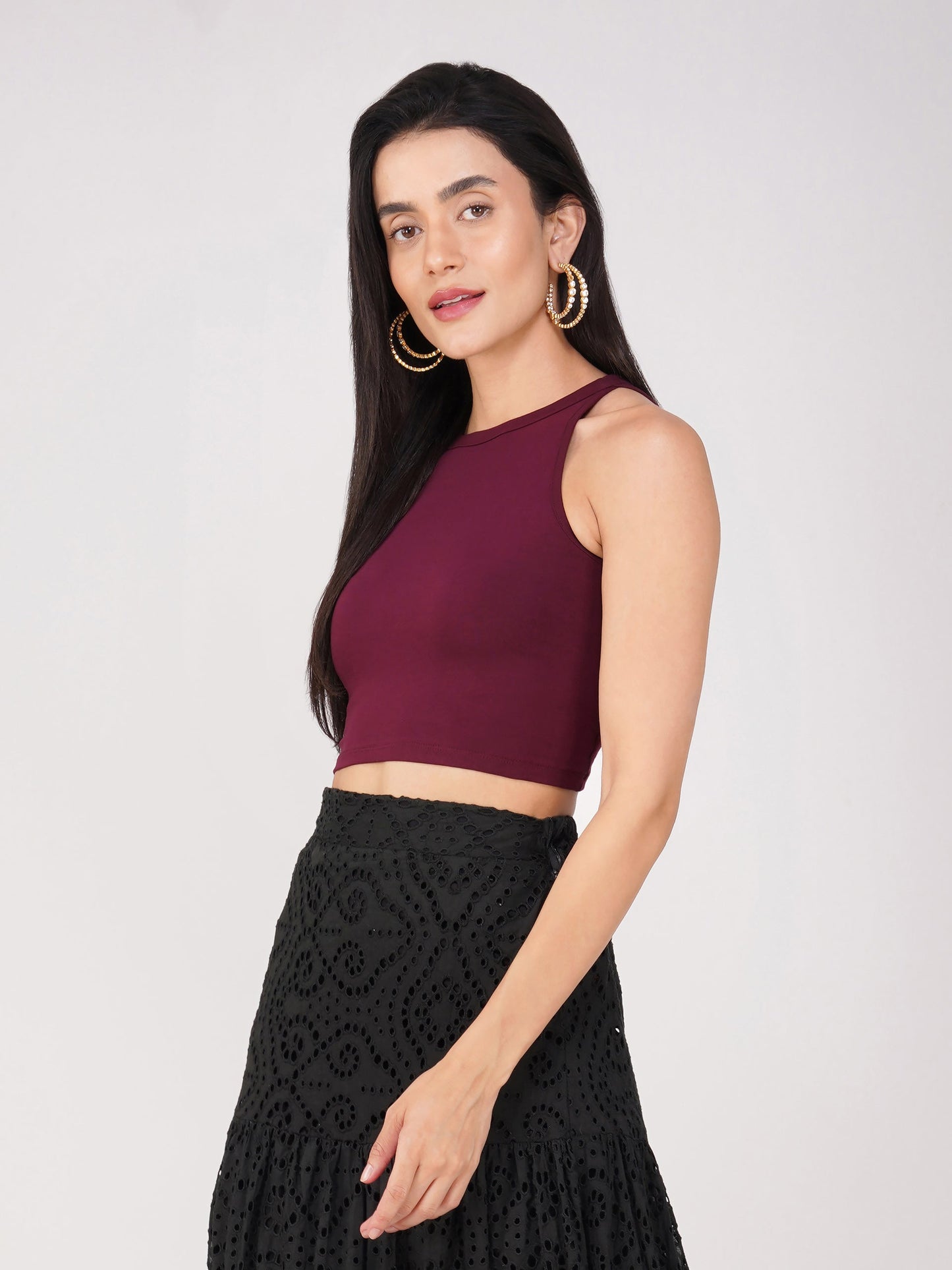 Dhiyona ST Women's Stretchy Knitted Halter Neck Wine Crop Top