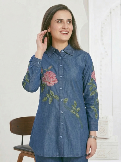 Kipling rose embroidery denim co-ord set