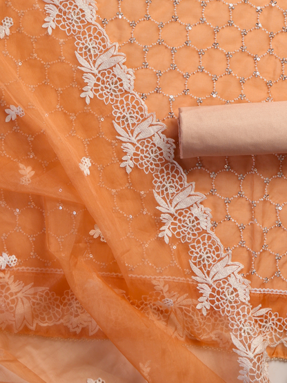 Dhiyona ST 3 Pc Unstitched Suit SET - Peach Beaded and Embroidered Organza Kurta and Border Dupatta with Cotton Pyjama
