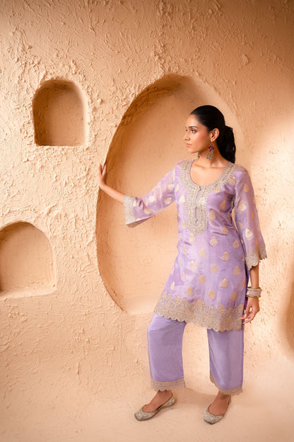 Isvan Tissue Embroidered Lavender  Suit Set