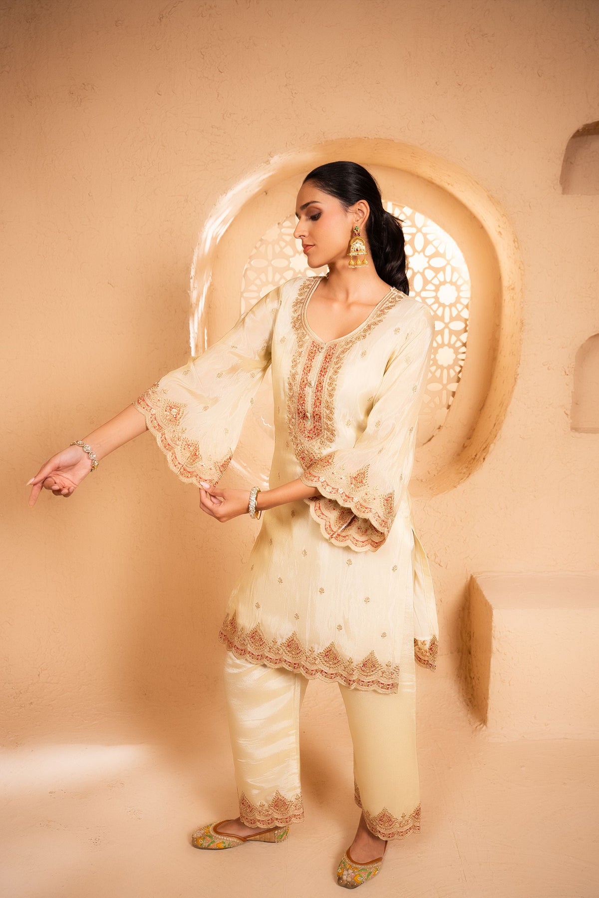 Sargi Tissue Embroidered Cream  Suit Set