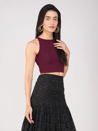 Dhiyona ST Women's Stretchy Knitted Halter Neck Wine Crop Top