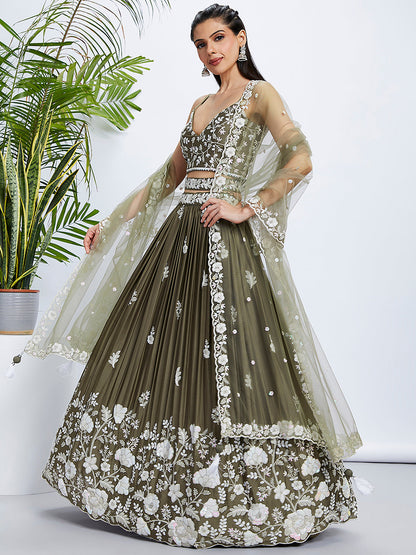 Women Olive Pure Georgette Sequins and thread embroidery  Lehenga choli & Dupatta