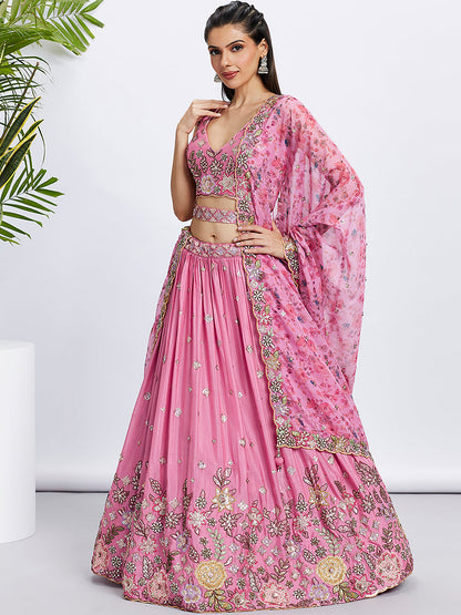 Women Pink Chiffon Sequins and thread embroidery  Lehenga choli & Printed Dupatta