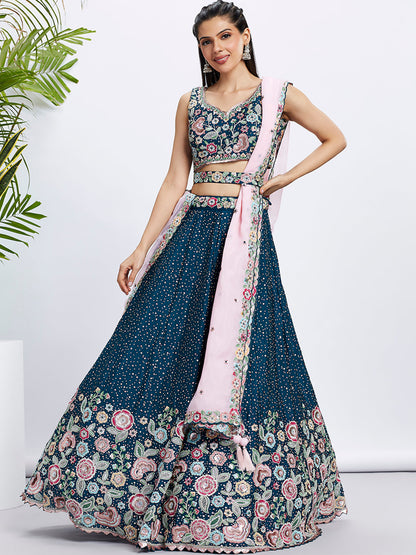 Women Navy blue Pure Chiffon Sequins and thread embroidery  Lehenga choli & Dupatta