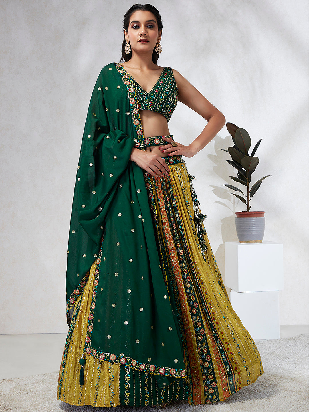 Women Green Chiffon Position print with Sequins embroidery  Lehenga choli & Dupatta