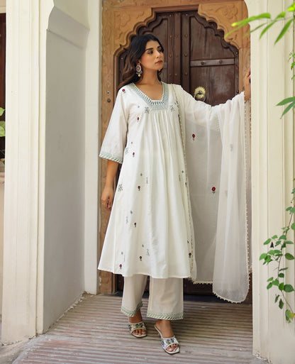 Resham White Chanderi Suit Set