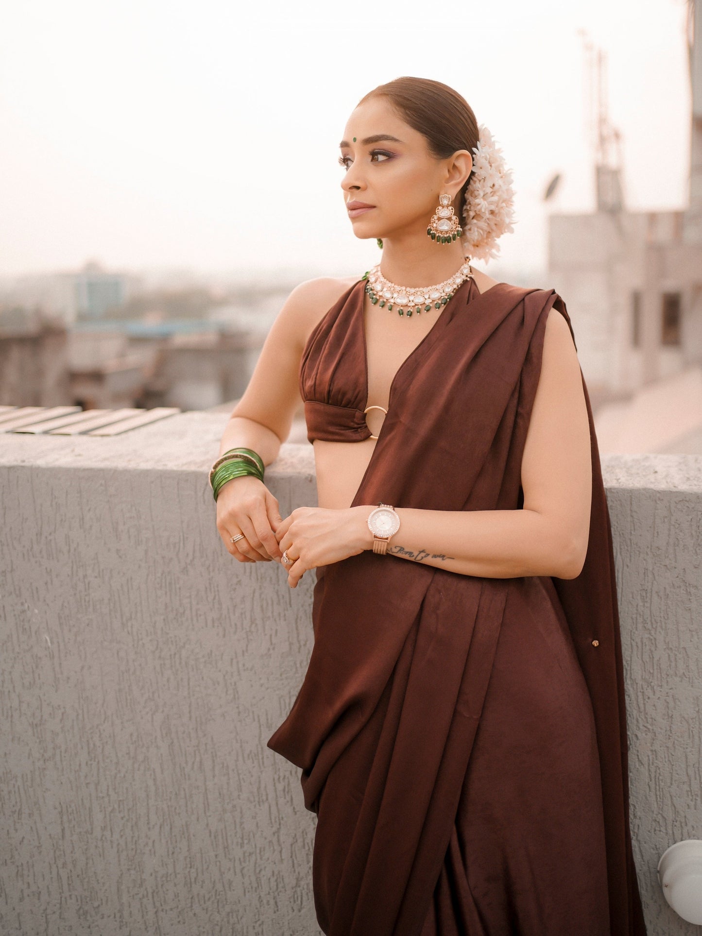 Dhiyona ST Romano Coffee Posh Saree with Diamonds and Blouse Fabric