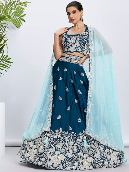 Women Teal Pure Georgette Sequins and thread embroidery  Lehenga choli & Dupatta