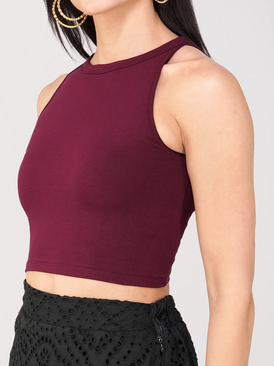 Dhiyona ST Women's Stretchy Knitted Halter Neck Wine Crop Top