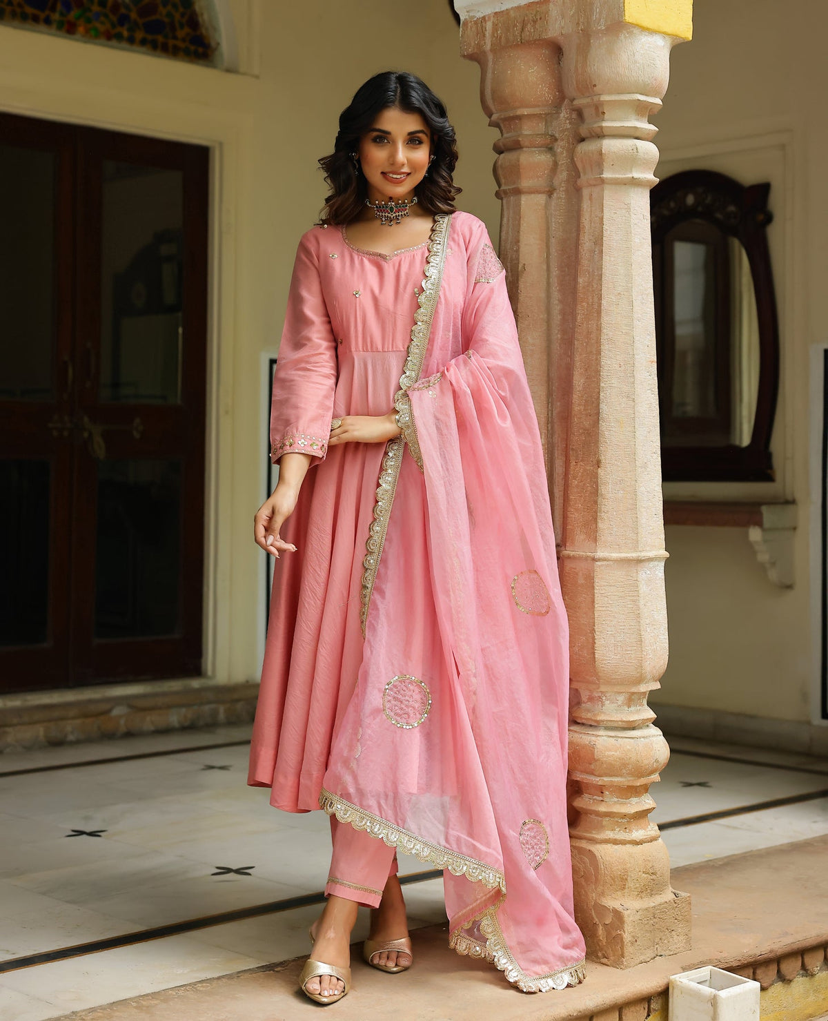 Leher Rose Pink Chanderi Suit Set