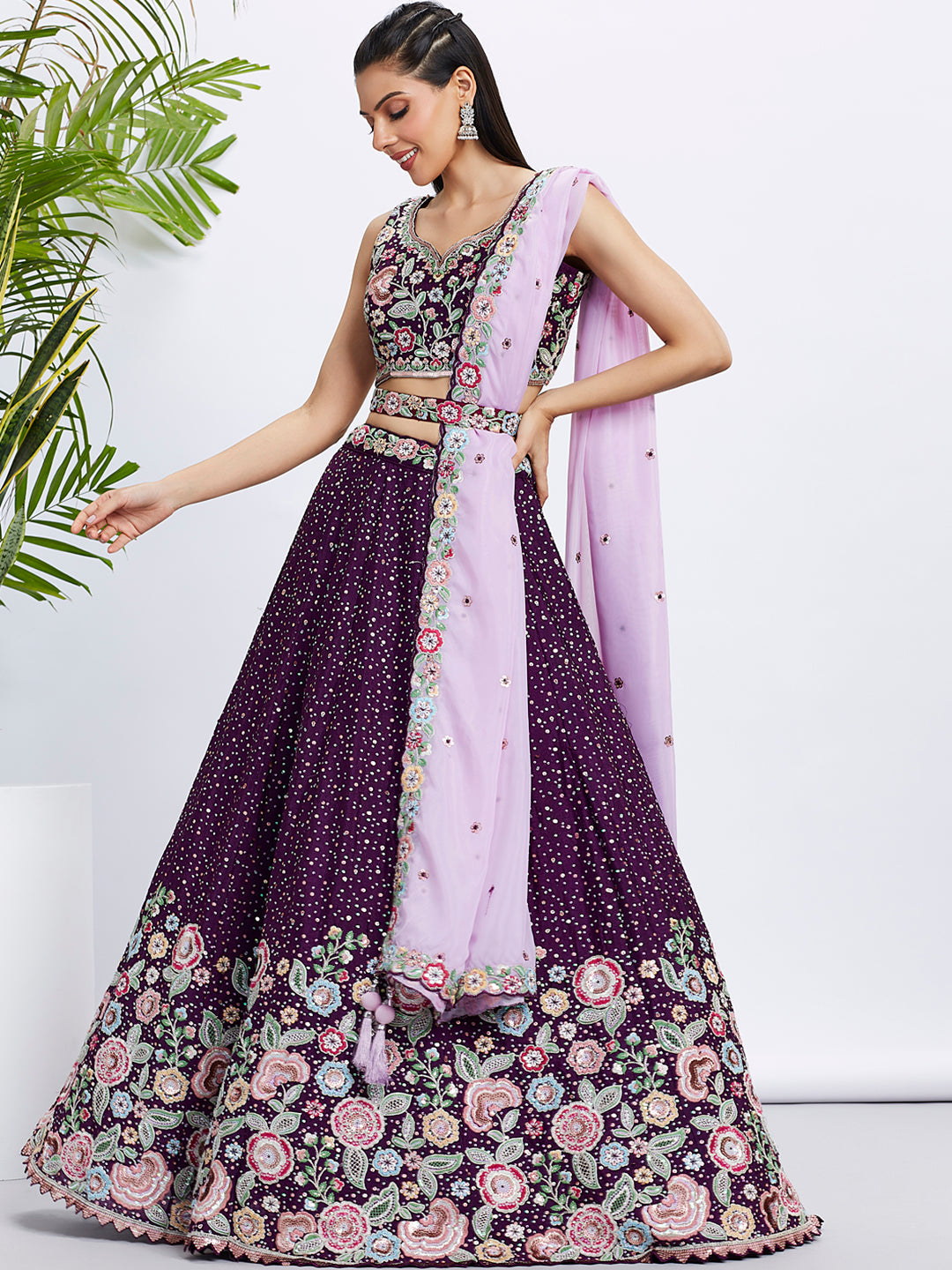 Women Purple Pure Chiffon Sequins and thread embroidery  Lehenga choli & Dupatta