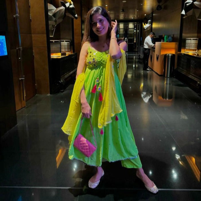 Yellow Green Mirror Work Suit Set