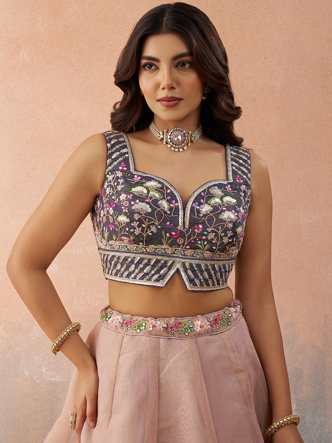 Purple- Net Sequins Embroidered Omber Purple and Mauve Semi-Stitched Lehenga choli & Dupatta