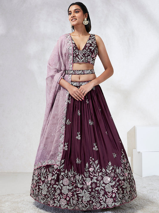 Women Burgundy Pure Georgette Sequins and thread embroidery  Lehenga choli & Dupatta