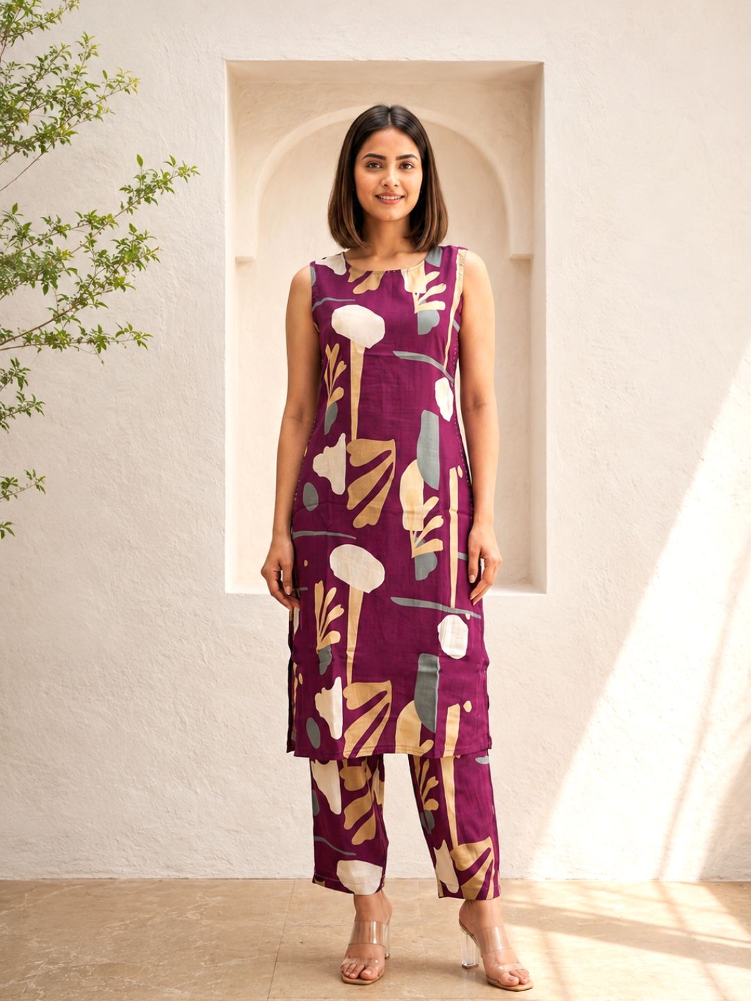 Sarika Plum Printed Sleeveless Kurta Pant Set