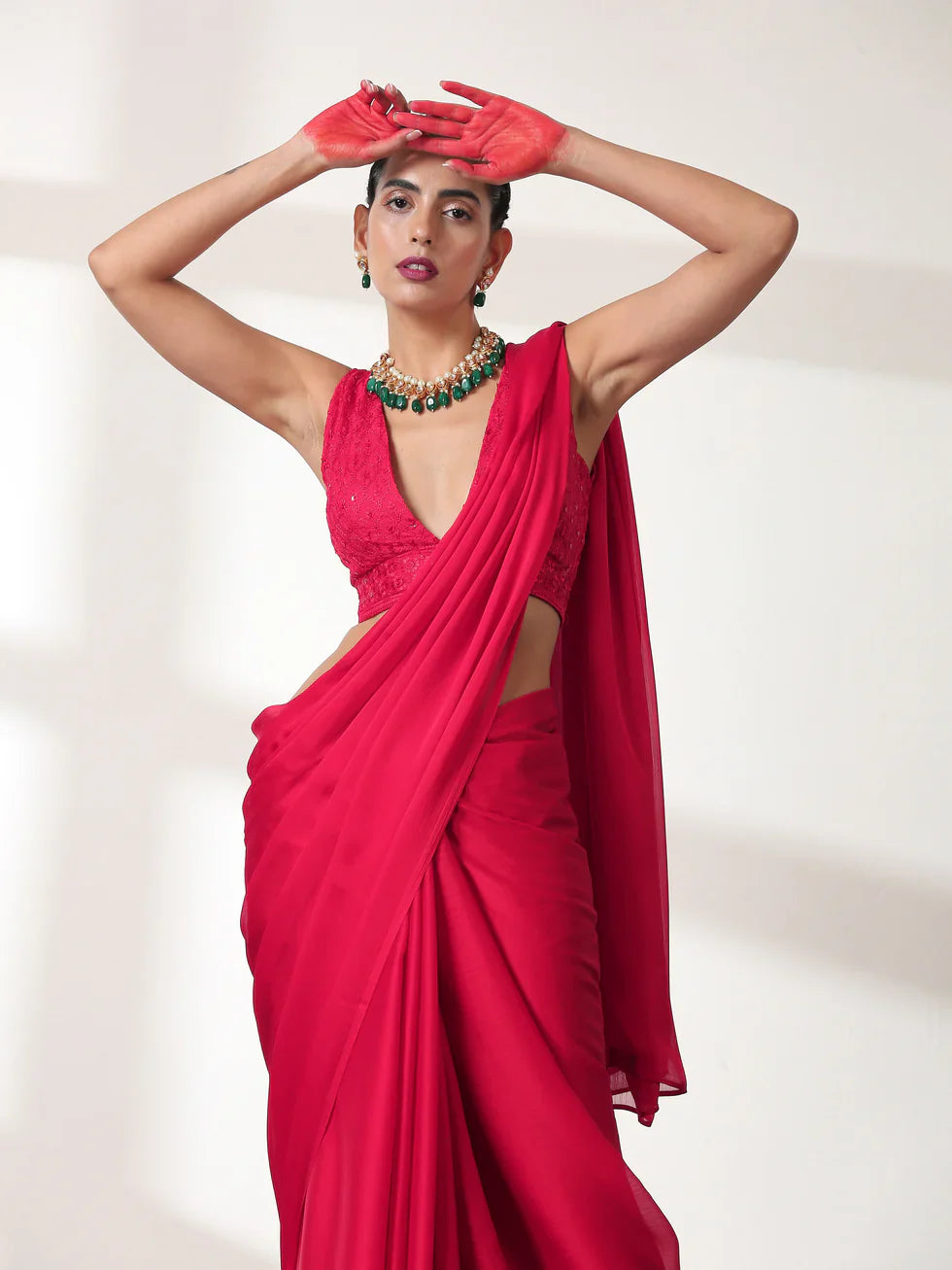Dhiyona ST Ruby Butter Chiffon Pre-draped Saree with Self Blouse Fabric