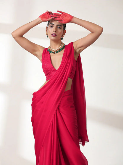 Dhiyona ST Ruby Butter Chiffon Pre-draped Saree with Self Blouse Fabric
