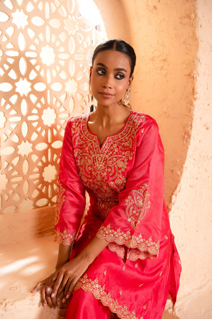 Khwaab Chanderi Embroidered Bright Pink  Suit Set