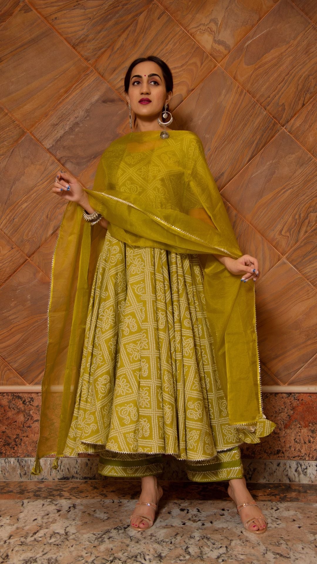 Bandhej Mehendi Green Cotton  Anarkali Set