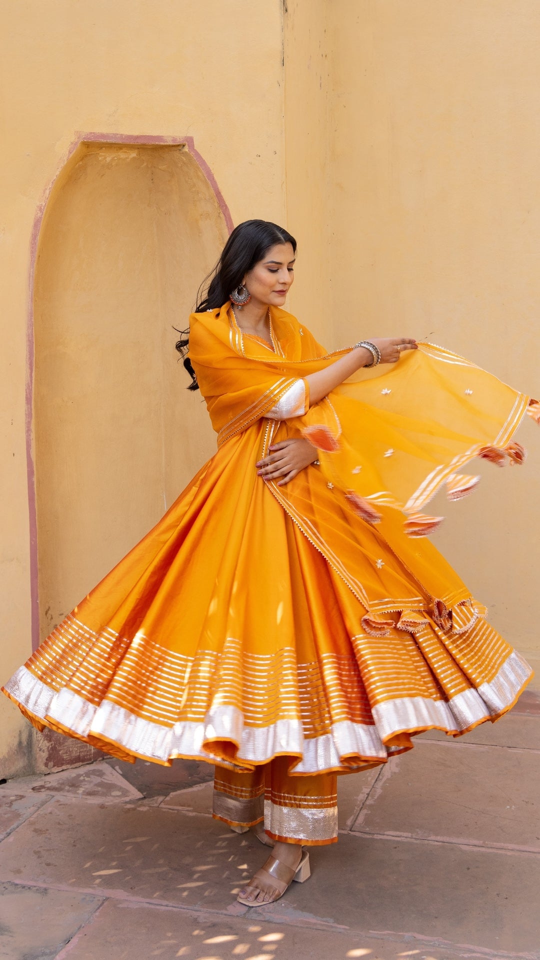 Amber Orange Taffeta Silk Anarkali Set