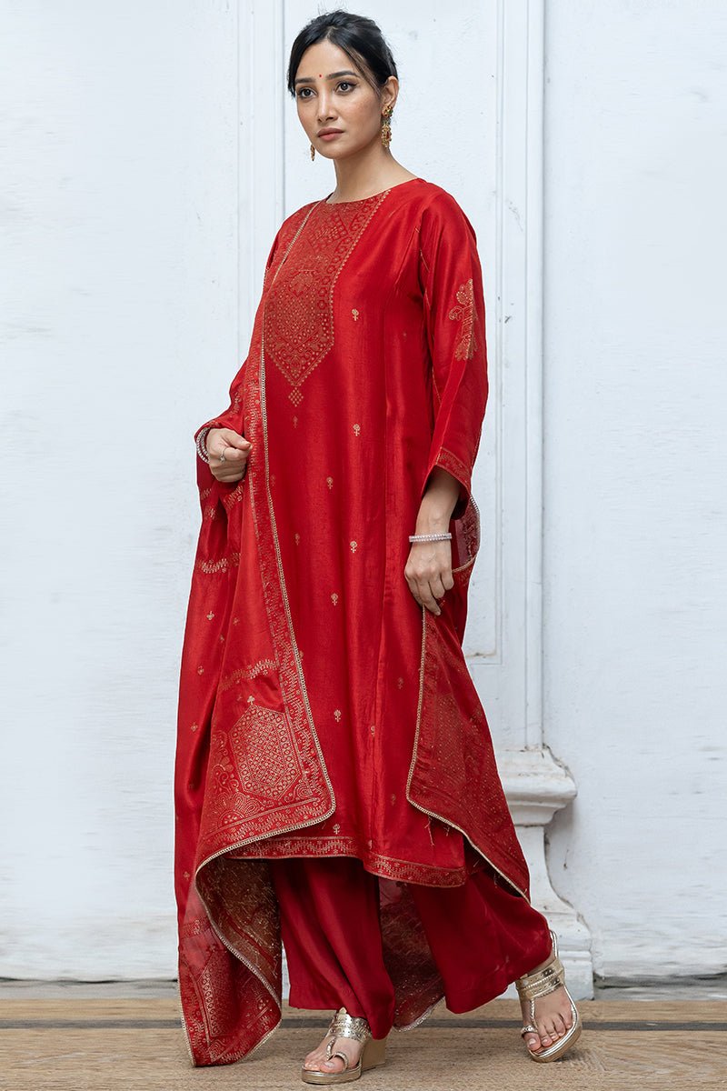 Women's Salsa Red Woven Salwar Suit With Zari Woven Raw Silk Dupatta