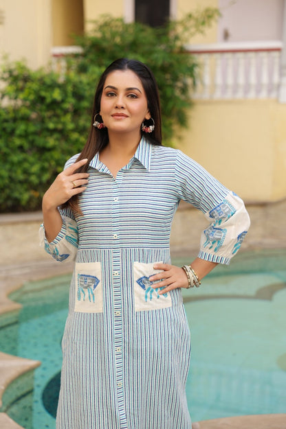 Dyna Azure Printed Stripe Kurta Pant Set
