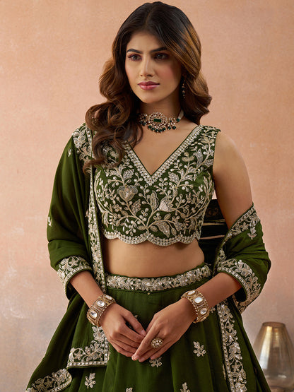 Olive- Tissue Sequinned with Zari Embroidered Semi-Stitched Lehenga & Unstitched Blouse With Dupatta